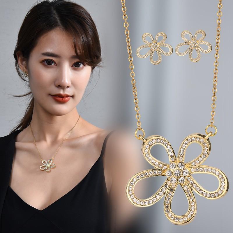 Five-petal Flower Female Sunflower Clavicle Chain Temperament Camellia Earrings Pendant Necklace 60CM(Necklace Long)