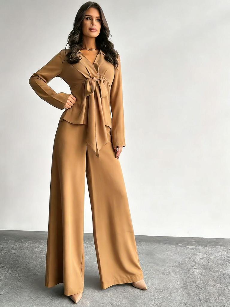 2025 Women's Autumn Casual Set: Solid Color Drawstring Top & Wide-Leg Pants