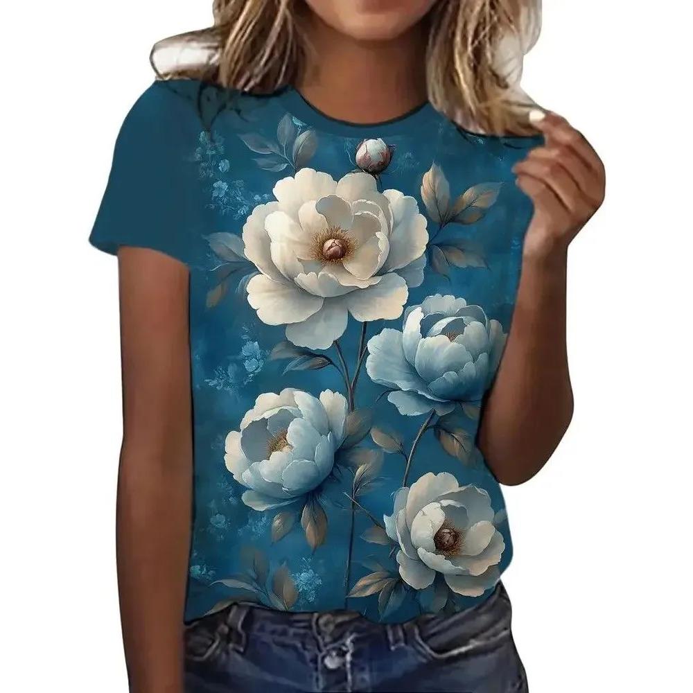 Summer Round Neck Flower Pattern 3D Print Top Fashionable Casual Short Sleeved Women's T-shirts