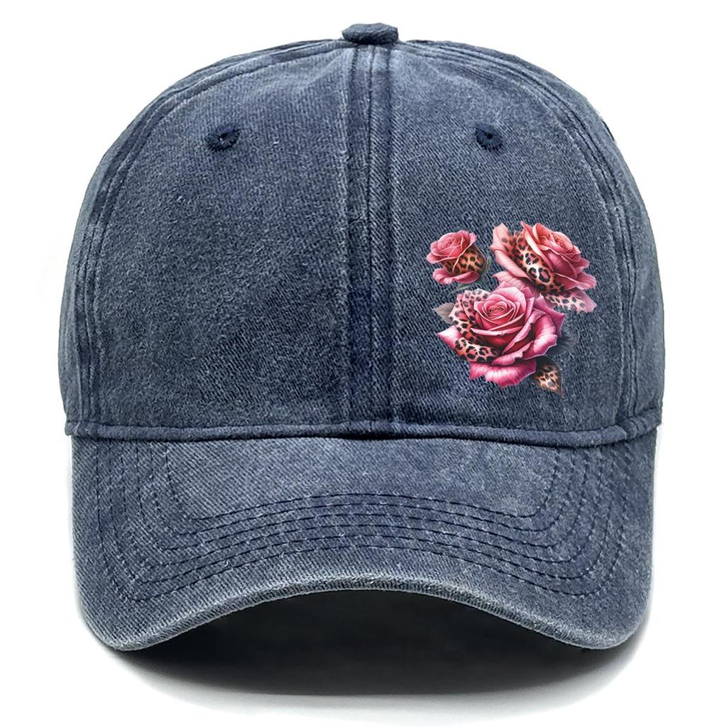 Leopard Rose Print Adjustable Sun Hat, Flower Woman's Cap Raw Brim Stylish Unisex Non-Stretch Fabric Snapback Baseball Hat