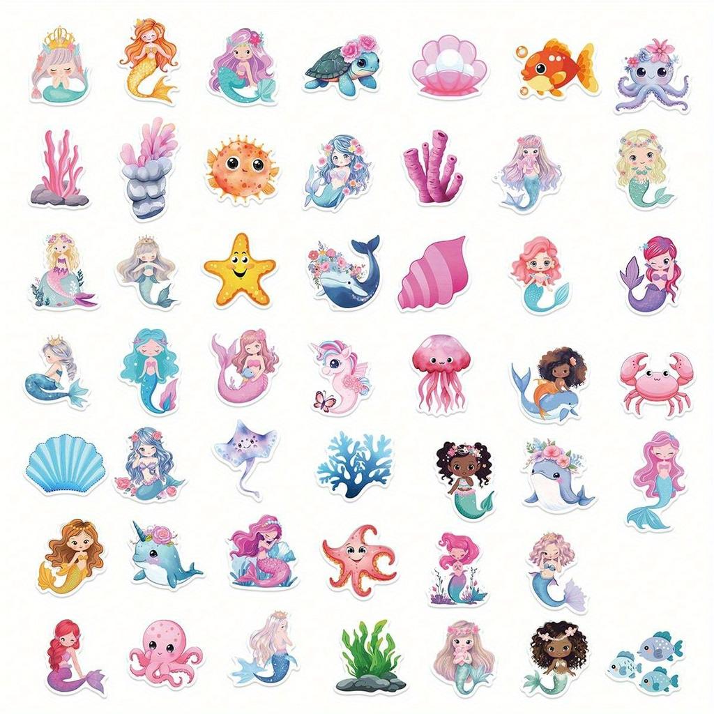 50 Pcs Mermaid Stickers Pack | Vinyl Aesthetics Stickers for Scrapbook, Journaling, Laptop, Bumper, Skateboard, Water Bottles, Computer, Phone