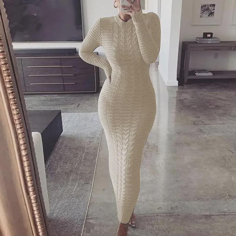 

2023 Women s Autumn/Winter Cable Knit Long Sleeve Woolen Dress L