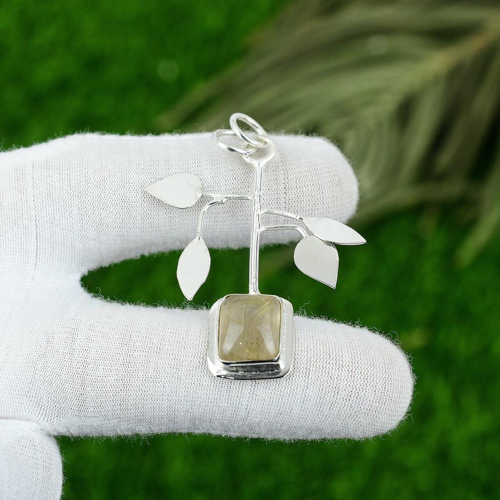 Anniversary Gift For Her Natural Golden Rutile Gemstone Pendant 925 Silver