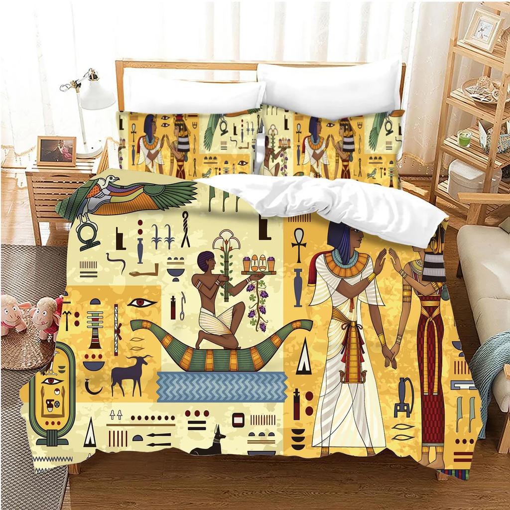 Pharaoh Bedding Sets,King Size 3D Ancient Egypt Tribe Decor Comforter Cover Set For Adult Egyptian Pyramid Polyester Duvet Cover