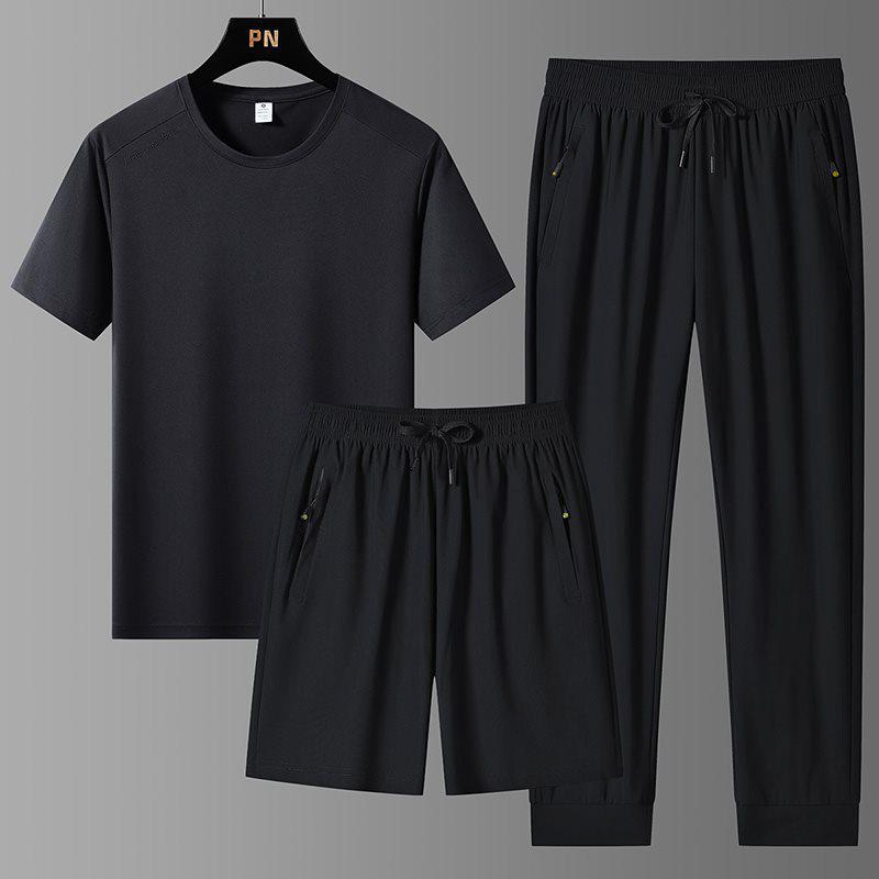 Completo estivo da uomo in seta ghiaccio a tre pezzi: T-shirt Girocollo, Pantaloncini e Pantaloni Lunghi Tuta Sportiva Casual