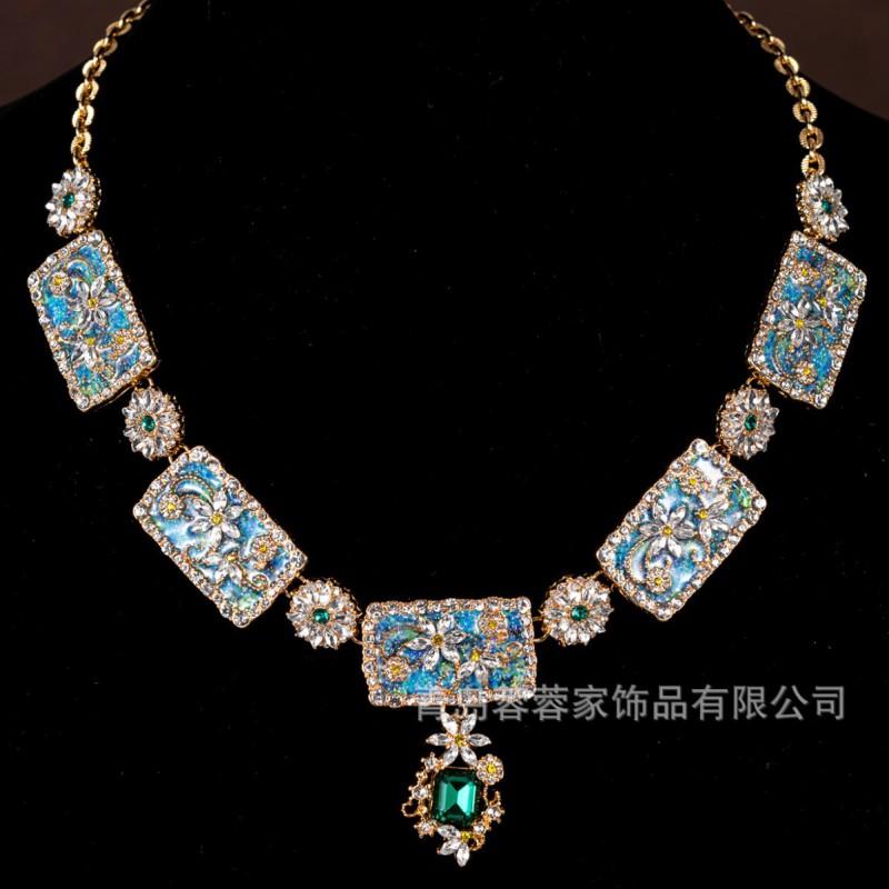 Socialite Temperament Grandmother Green Water Necklace Earring Set Light Luxury Fashion High-end Elegant Accessories Cross-border