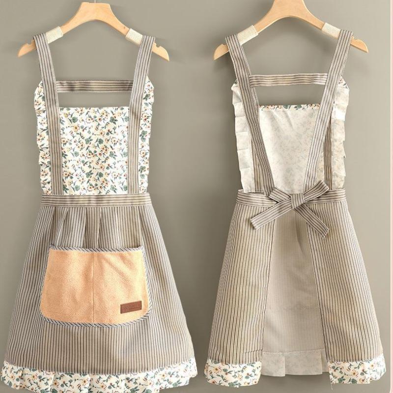 Cotton Canvas Floral For Women'S Kitchen Oilproof Apron With Pockets And Adjustable Waist Belt Waterproof Sleeveless Bib Apron