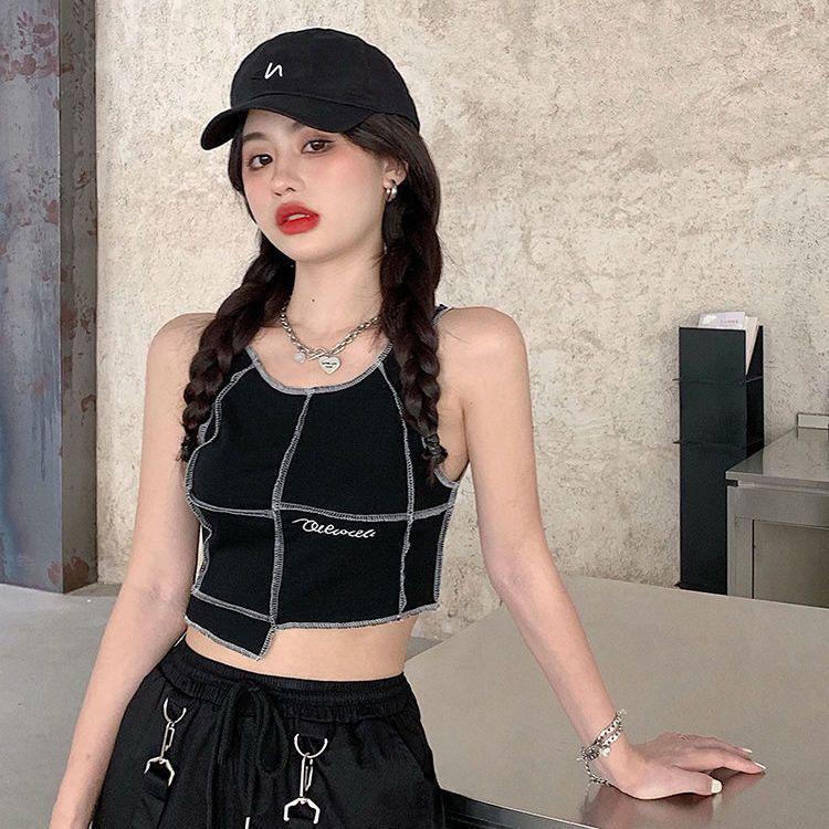 Women Fashion Black White Tops Sleeveless T-shirts For Girls Y2K Tops Leisure Female Casual Vest