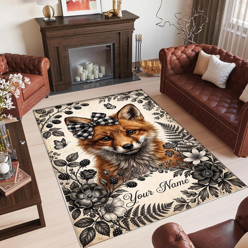 Fox Theme Crystal Velvet Floor Rug Personalized Custom Name Text Warm Carpet Home Decoration