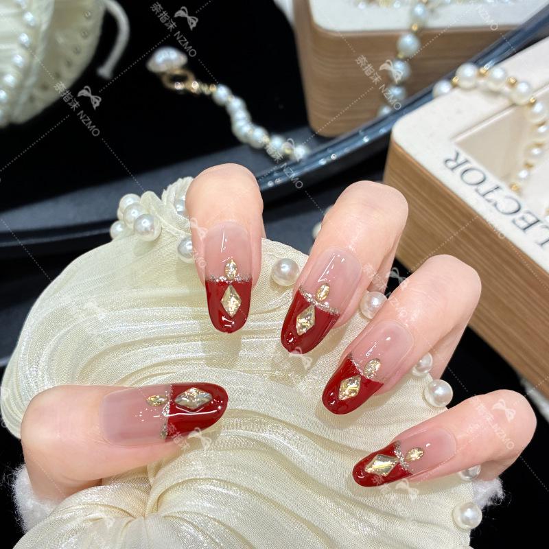 L97 Wine Red French White Handmade Nails Small Oval