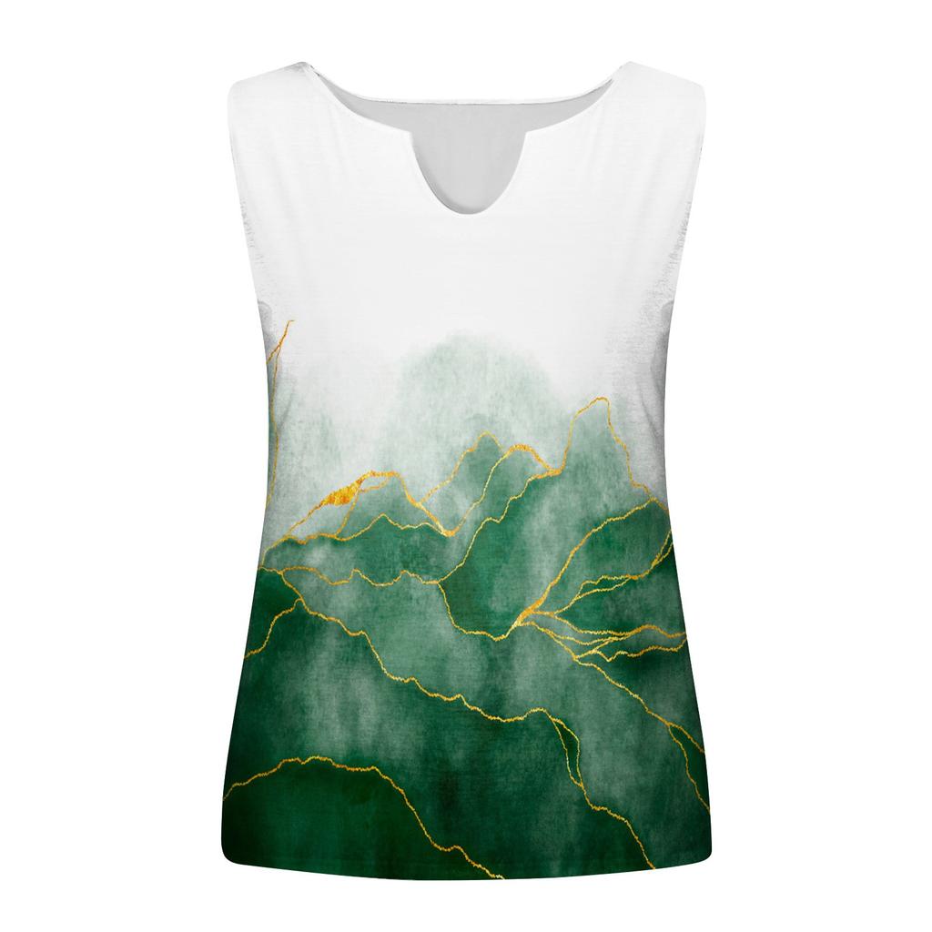Women's Fashion V-neck Vest Loose Vintage Print Sleeveless Top T-shirt