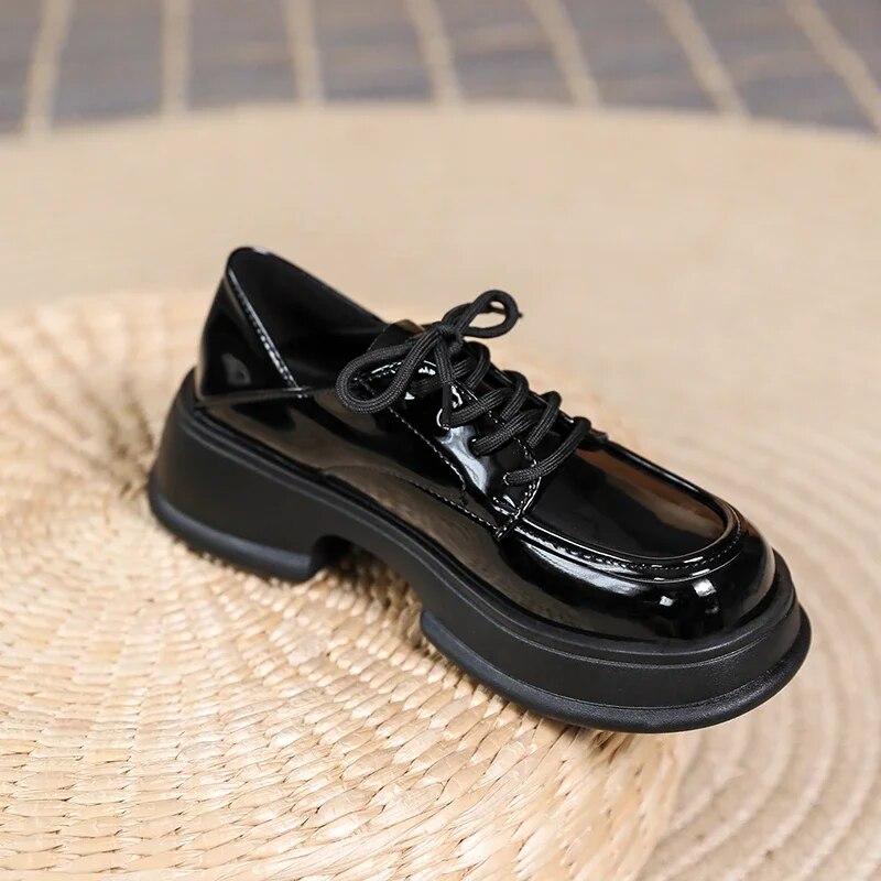 Classic Pumps for Women Lace Up Hoof Mid Heels Round Toe Oxford Shoes Woman Solid Leather Platform Shoes Pumps