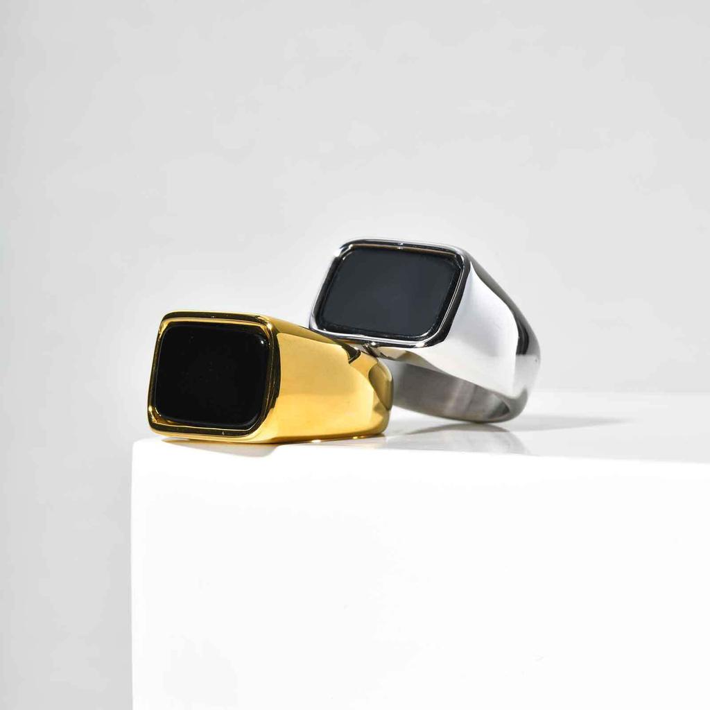 Men's Stainless Steel Gold Ring with Black Glass Stone and Geometric Design (RC-619)