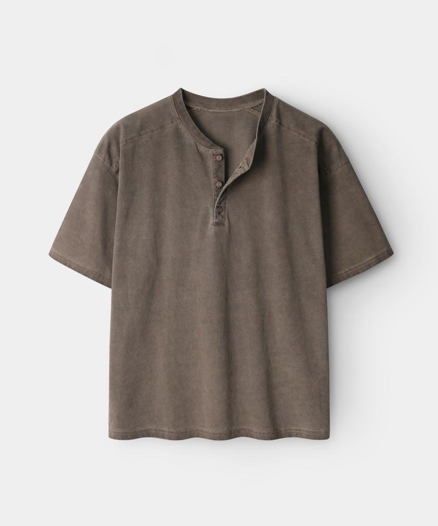 INDUST Pigment Washed Cut-Out Henley Neck Short Sleeve T-Shirt_Brown