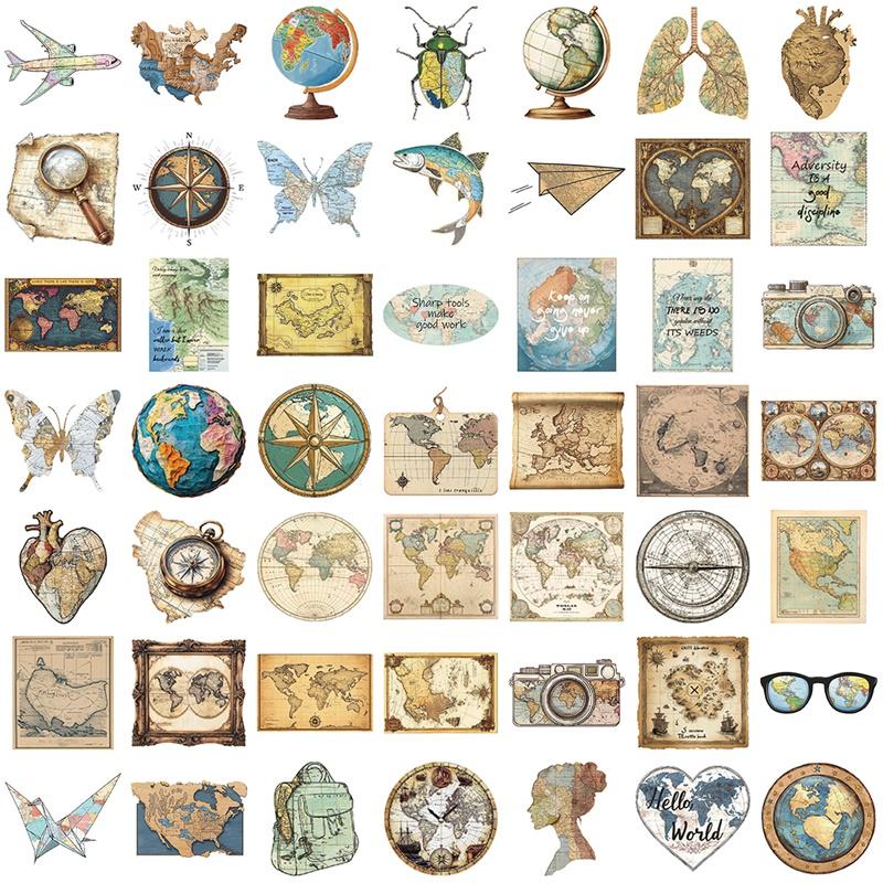 10/30/50PCS Cartoon Vintage Map Sticky PVC Sticker Aesthetic Stationery DIY Decoration Scrapbooking Children's Supplies
