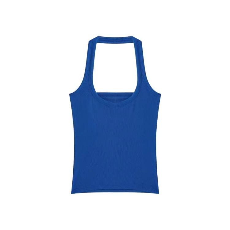 Sexig Blå Halterneck Sommar Strand T-shirt Ärmlös Smal Passform Söt Kryddig Topp för Kvinnor
