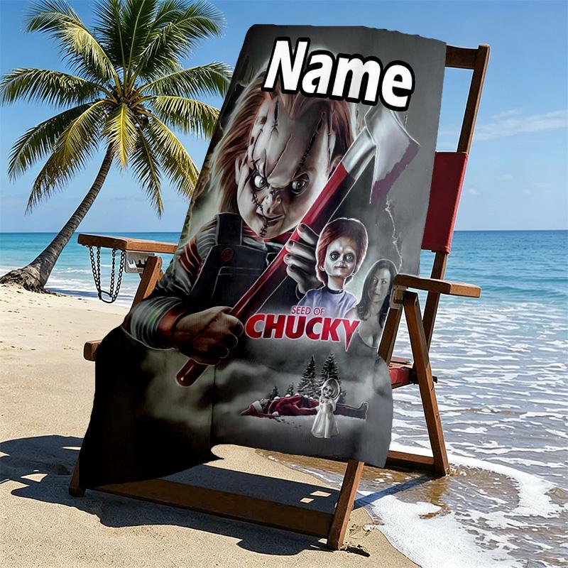 Custom Name Personalized Bride of Chucky Print Beach Towel, for Trip Camping Beach Party Home Decor, Birthday Gift for Family & Friends