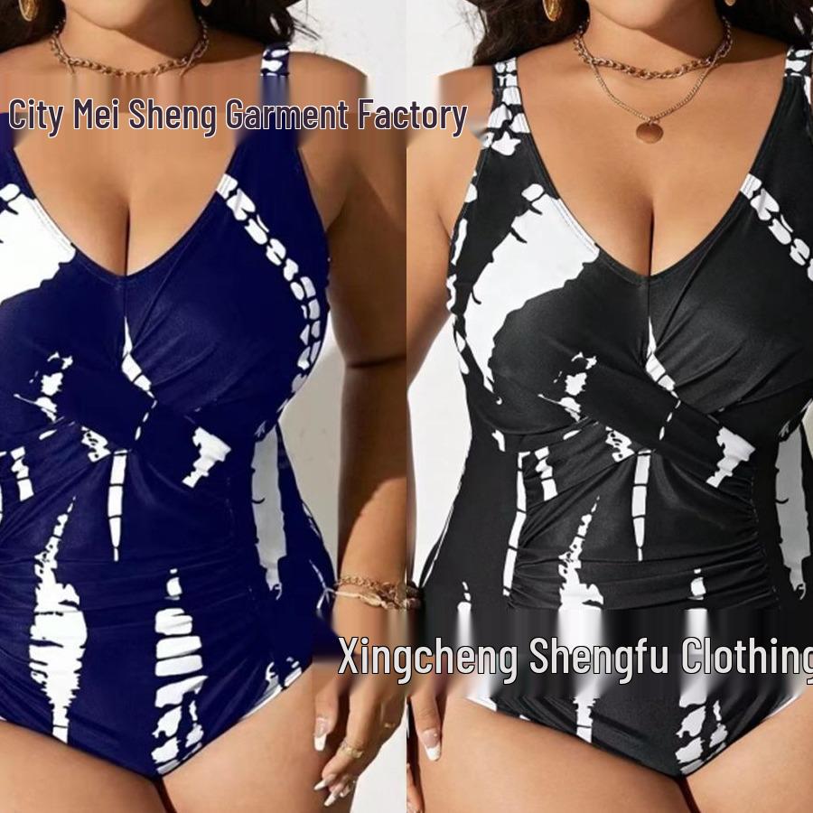 European & American 2024 Plus Size Printed Halter Backless Ruched Bikini for Women