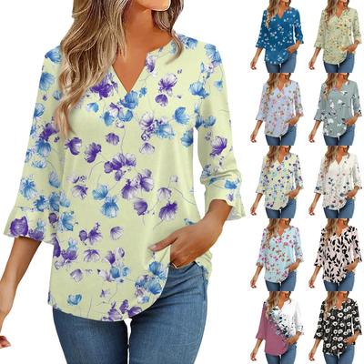 Τοπ Μανίκι 3/4 Για Γυναίκες T-Shirt Casual Μανίκια Καμπάνα Print Τουνίκ V Λαιμόκοψη Πουλόβερ Μπλούζα