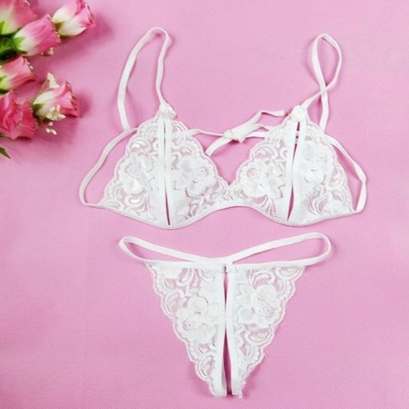 Women's Open-file Sexy Lace Transparent, Three-point Erotic Underwear Open-crotch Panties Seduction Set
