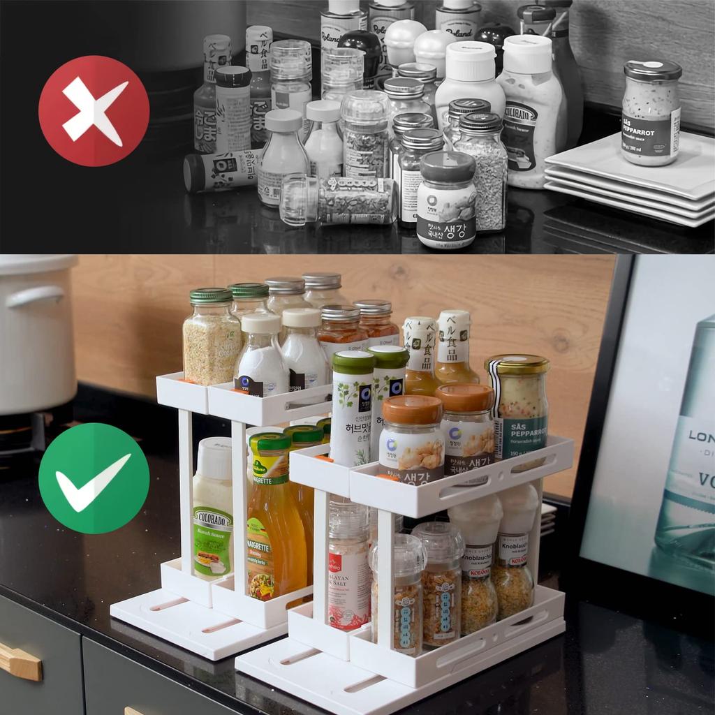2 Tier Pull-out and Rotate Kitchen Spice Rack Multi-Function Seasoning Organizer for Kitchen Cabinet Pantry Counter-Top Supplies