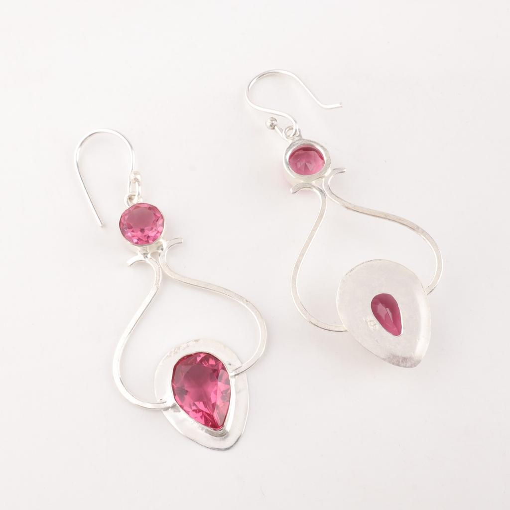 Natural Pink Tourmaline Gemstone 925 Stamped Silver Handmade Hook Earrings 2.07" EE-170-7