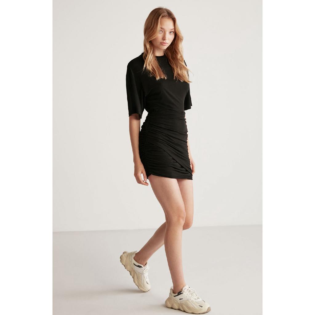 Zaya Women's Crew Neck Skirt Draped Black Dress