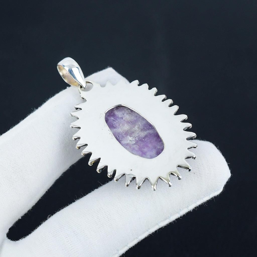 Natural Lepidolite Gemstone Silver Pendant In 925 Sterling Silver - Handmade Oval Design, Everyday Wear Jewelry Wadding Gift