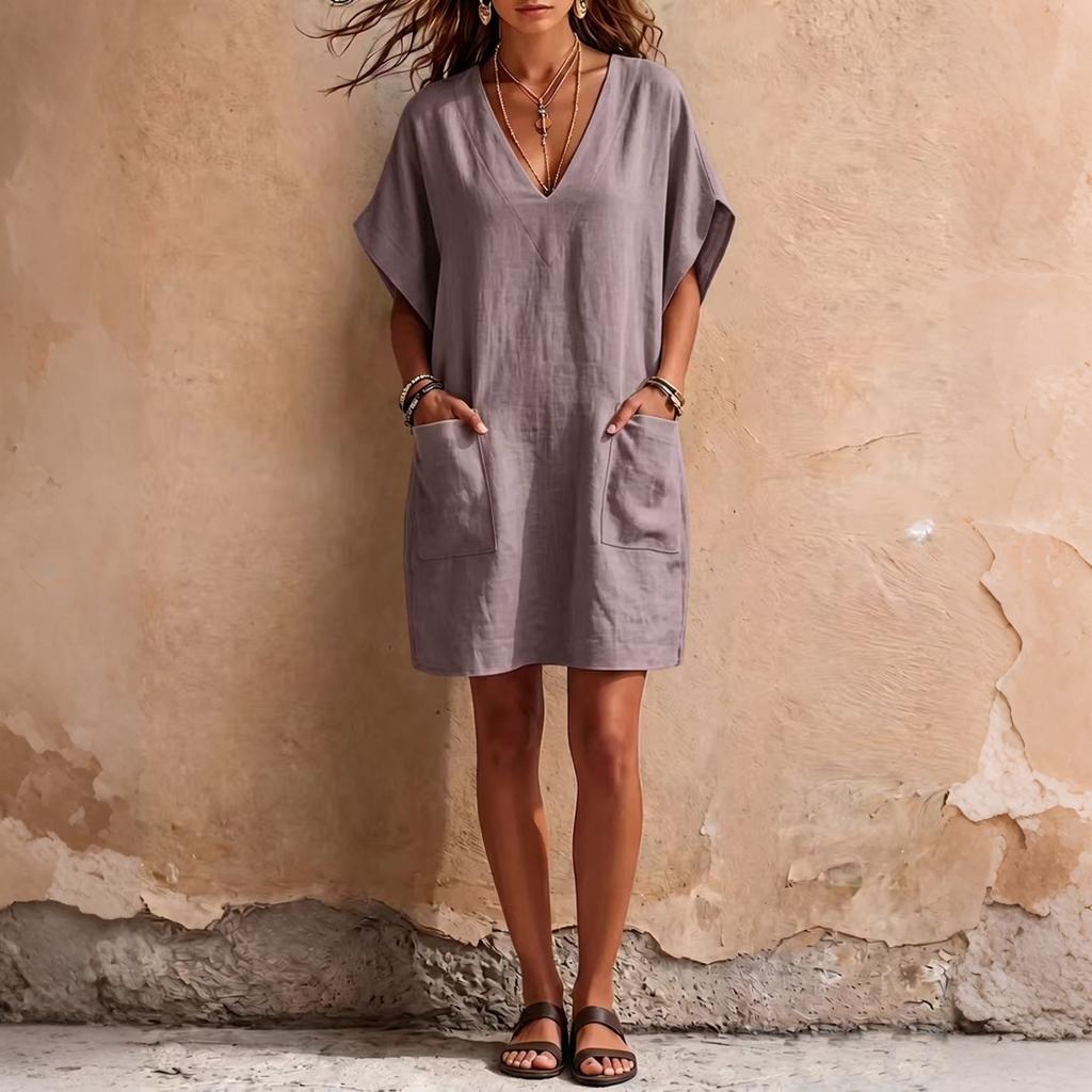 Women V Neck Loose Fit Linen Dress with Pockets Short Sleeve Casual Tunic Dress Comfortable Relaxed Style for Daily Wear
