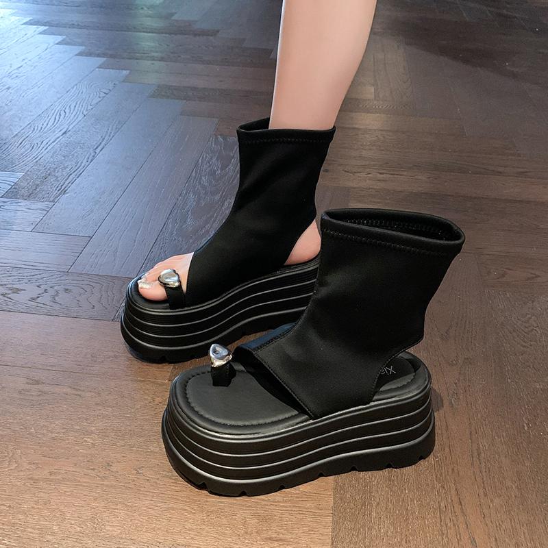 Fashion 8.5cm Ankle Boots Stretch Fabric Ankle Booties Fashion Ladies Summer Women Shoes Platform Wedge Flats Sandals Leather Peep Toe