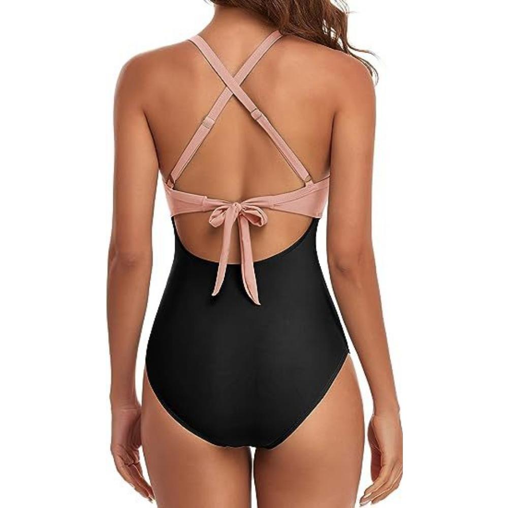 One-piece Solid Color Swimsuit Women's European and American Backless Splicing Sexy Swimsuit Cross Leopard Print Straps