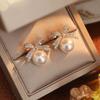 1 Pair Women Earrings Shiny Rhinestones Bowknot Decor Faux Pearls Stud Earrings Piercing Ear Studs Jewelry Accessories