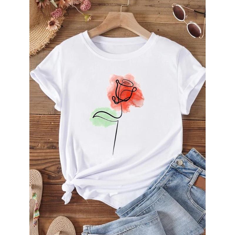 (European Size)  Fashion Print Feather Style Cute Love Trend Women T Shirt Short Sleeve Tee Top Clothing Lady Casual Female Graphic T-shirts