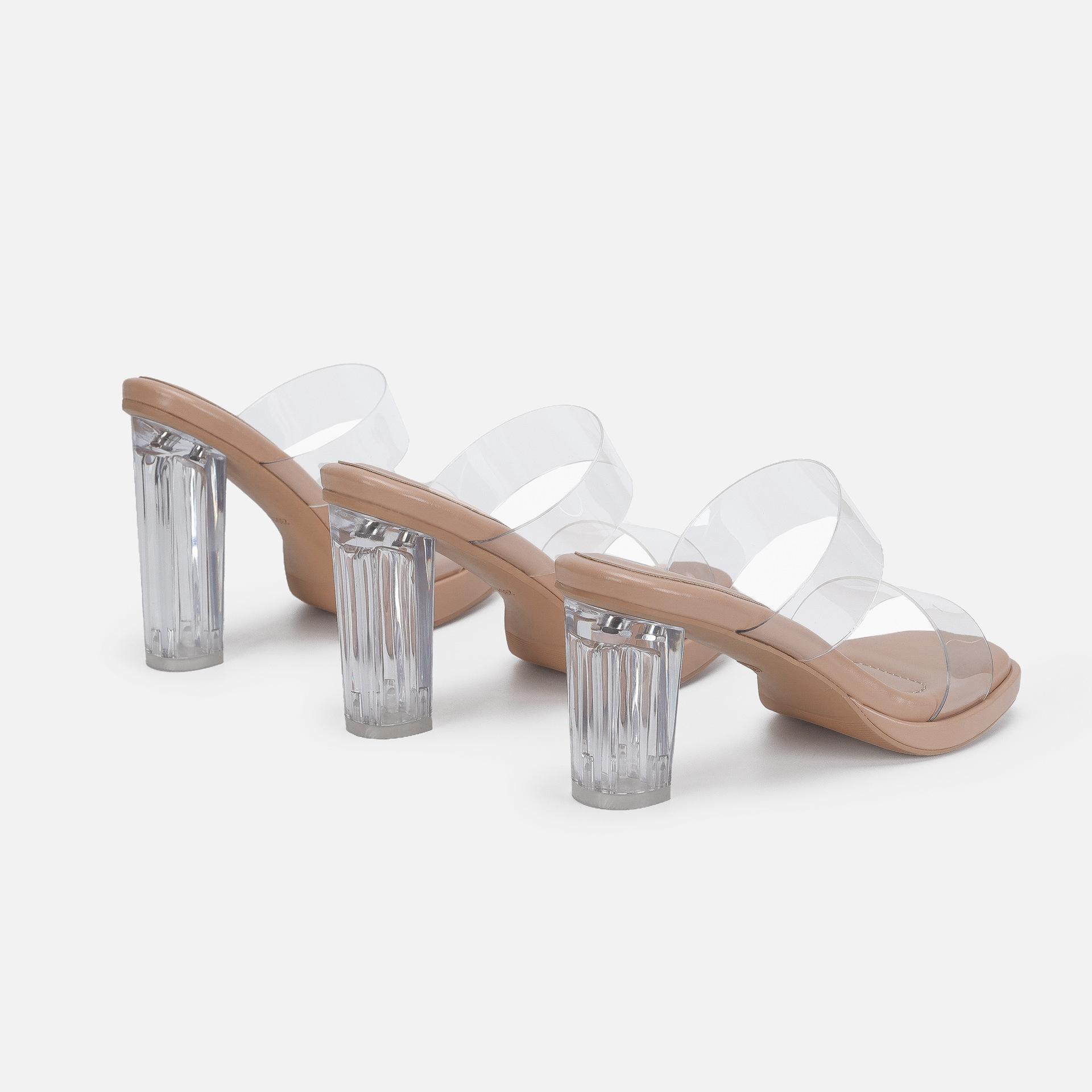 

New product one-word with high-heeled women s sandals, transparent crystal thick-heeled shoes, versatile temperament 40