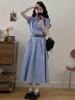 Korean Academy Style Blue Short-Sleeved Summer Shirt Dress for Women – High-End, Waist-Cinched, Fashionable Long Dress