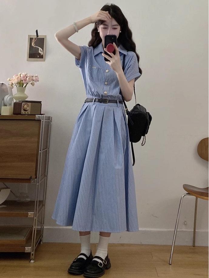 Korean Academy Style Blue Short-Sleeved Summer Shirt Dress for Women – High-End, Waist-Cinched, Fashionable Long Dress