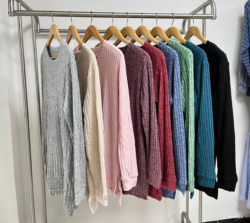 Women's Round Neck Long Sleeve Knit Top Loose Fit Commuter Style Brushed Ribbed Split Hem Casual Pullover Tunic Top