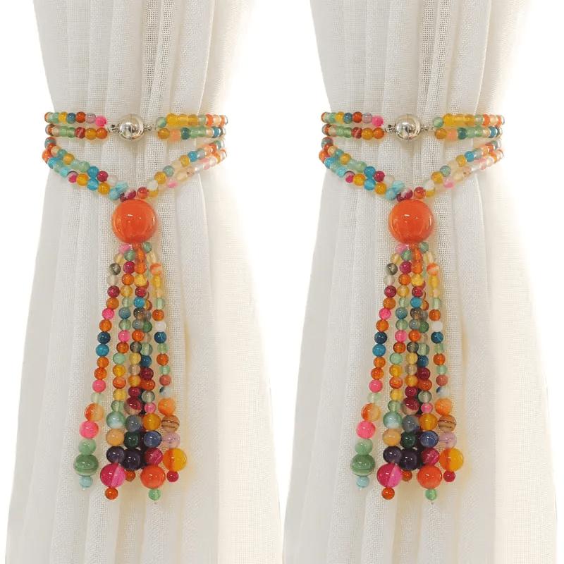 

2 Pack Magnetic Curtain Tiebacks Beautiful Handicraft Colorful Beaded Tassel Curtain Drapery Hold Backs For Drapes 2Pcs
