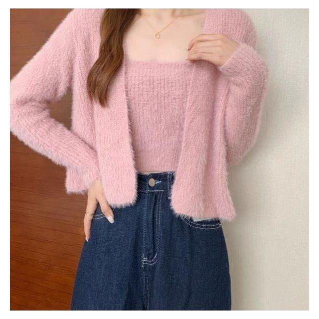 Mink-Like Camisole & Cardigan Two-Piece Set - Women's Knitted Solid Color Sweater