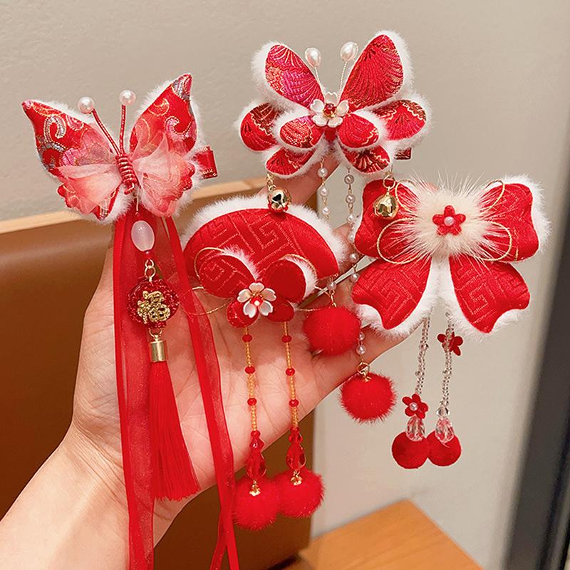 1pár děti rok Červená mašle Sponky do vlasů Kawaii Vlasové doplňky Motýlí střapce Spona do vlasů Všestranná spona do vlasů ve starověkém stylu