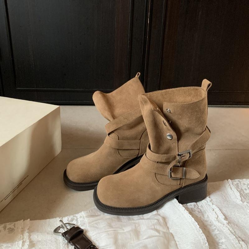 

Height increase of 5.5cm~ 2025 autumn new Maillard retro thick heel thick-soled buckle with cow velvet short boots for women 40 верблюд