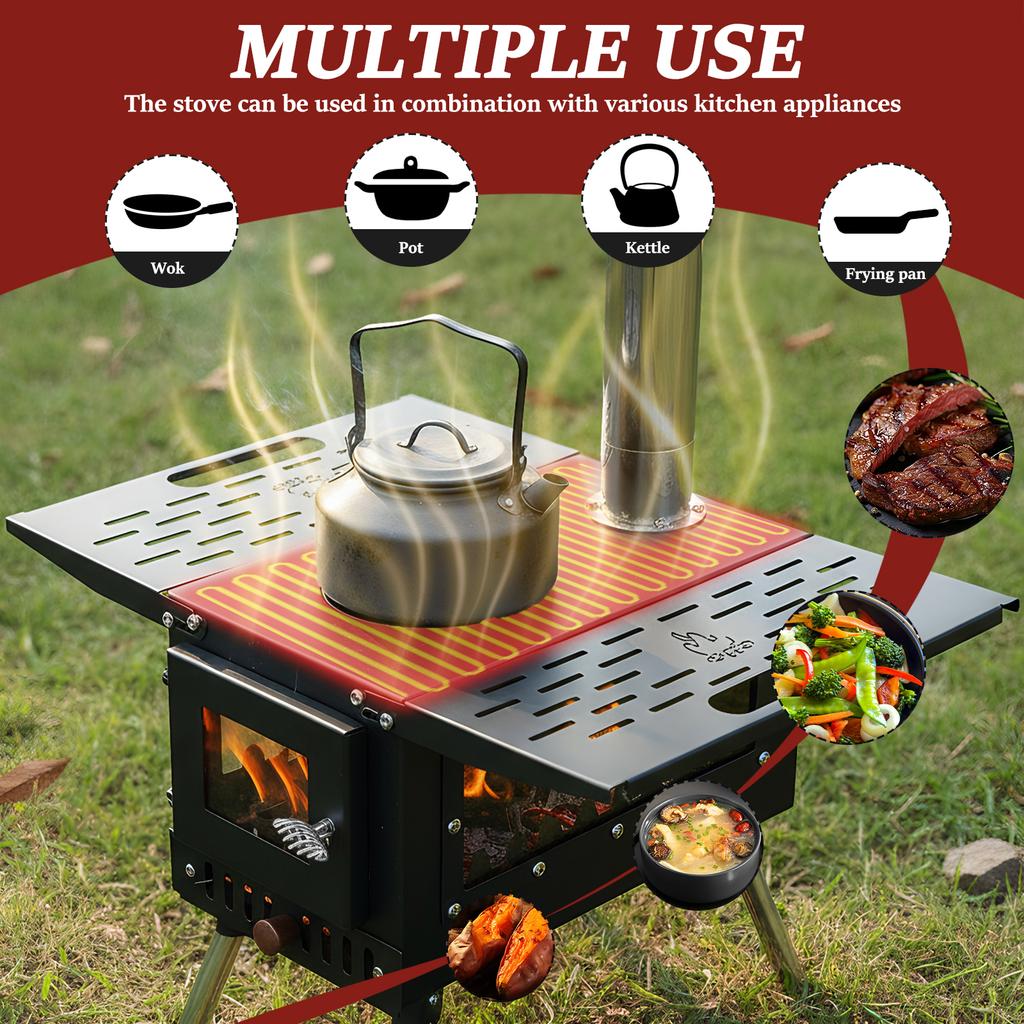 Portable Wood Burning Stove with Stainless Steel Construction Small Wood Stove Chimney Pipes Included for Outdoor Cooking Hiking