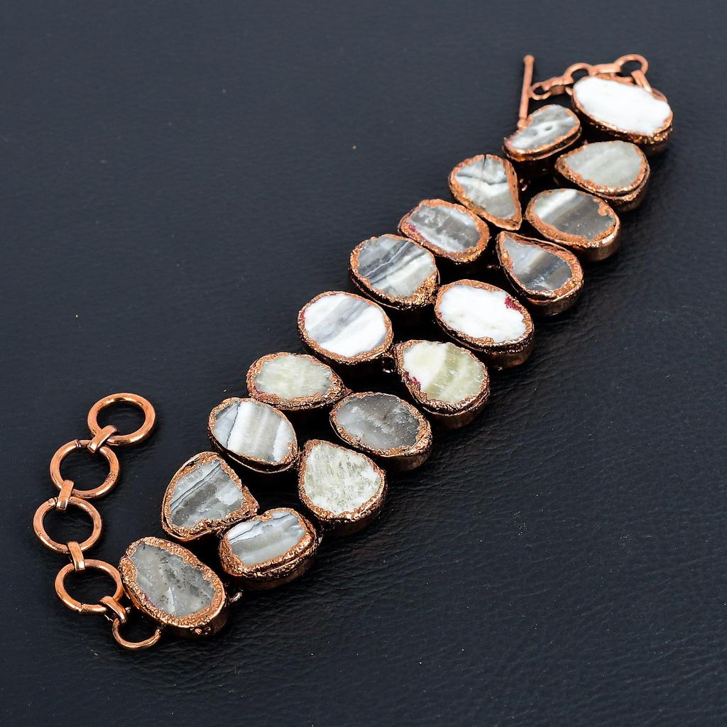 Yellow Lace Agate Bracelet Gemstone Jewelry, Copper Electroformed Adjustable Chain Bracelet, Gift For Women Handmade Bracelet