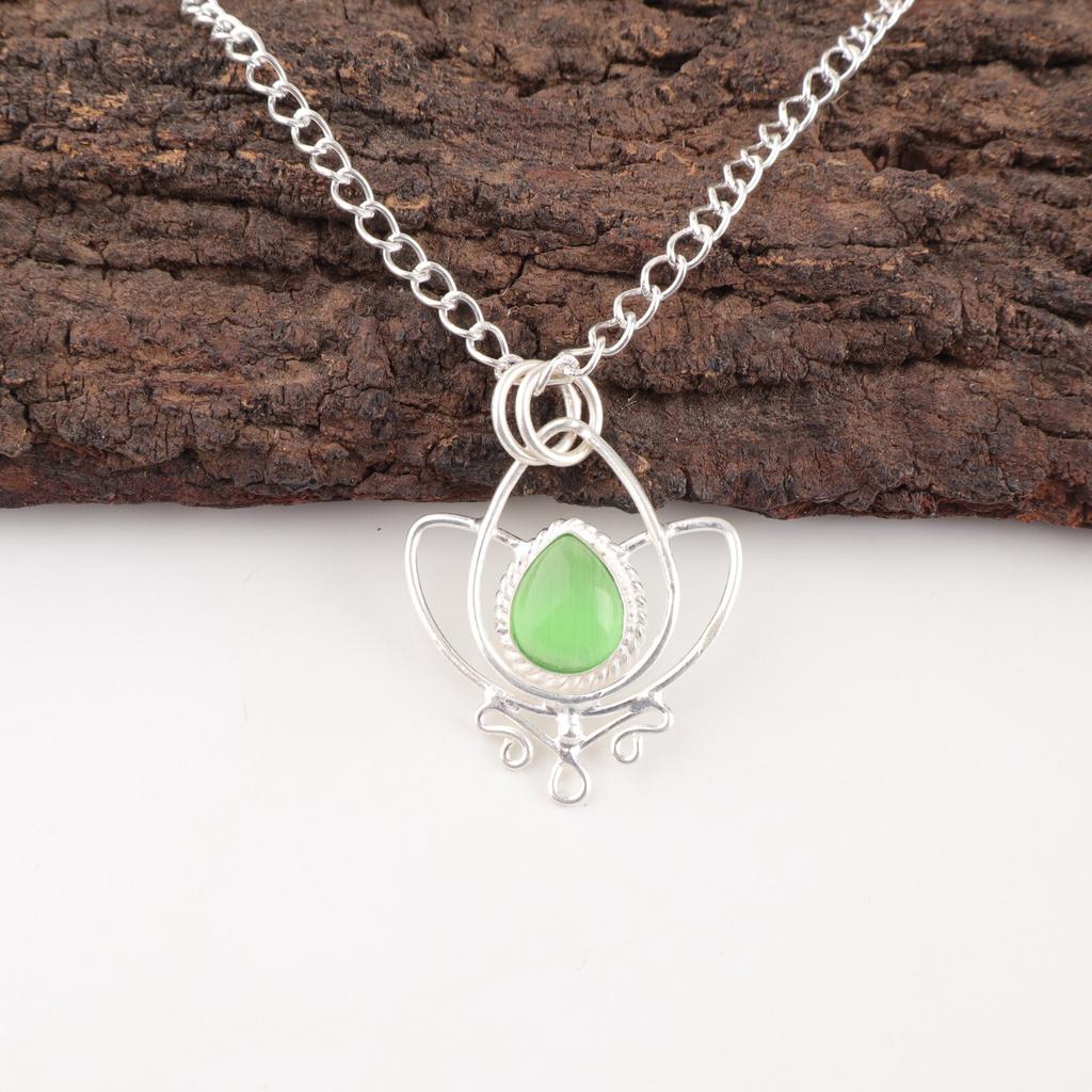 Zielony Kamień Kocie Oko Srebro Próby 925 Biżuteria Ręcznie Robiony Wisiorek Prezent Dla Mamy PP-38-50