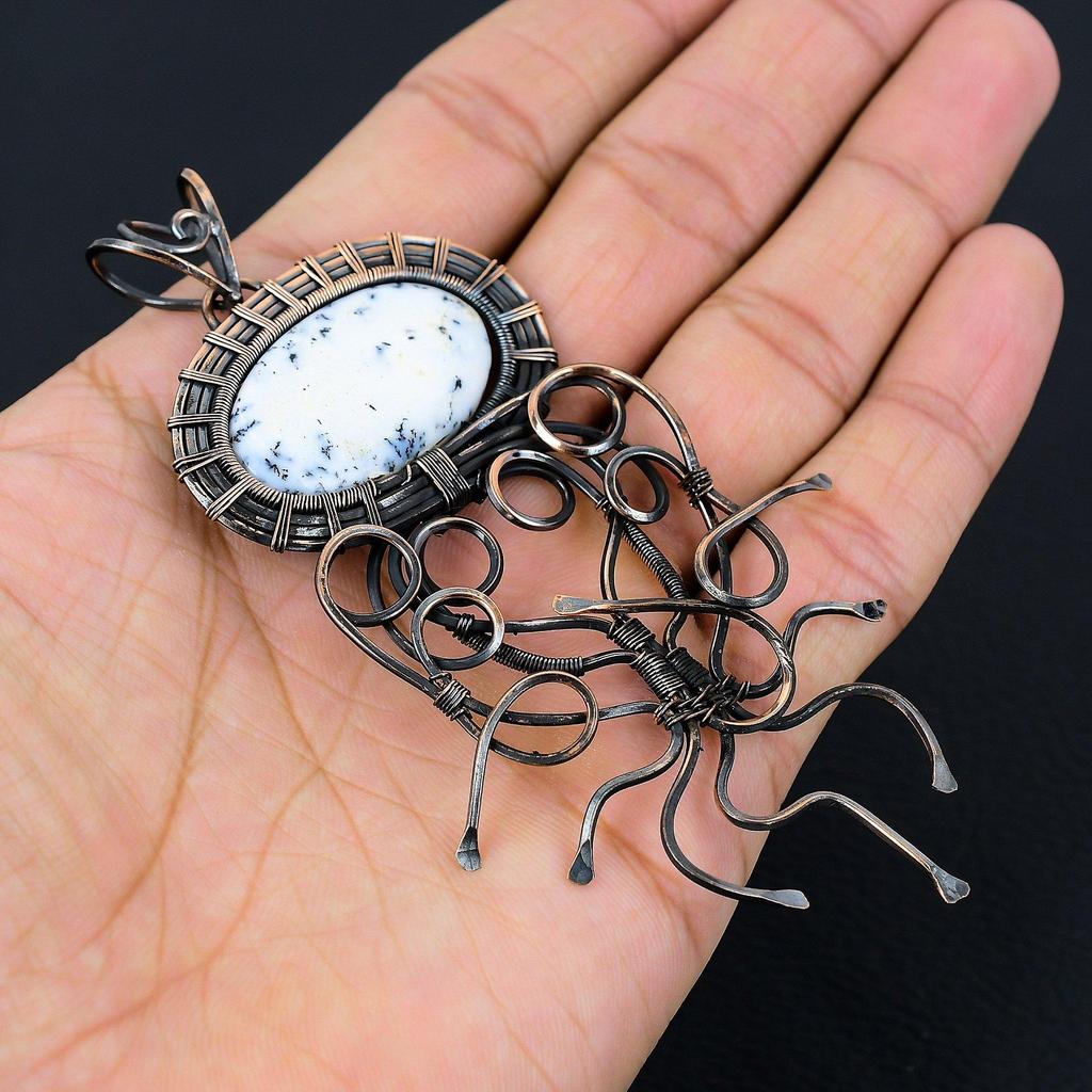 Dendriten-Opal-Edelstein, Kupferdraht, handgefertigt, Designer-Anhänger, Schmuck, Geschenk