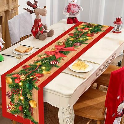 1 pièce Chemin de table de Noël Vert Rouge Boules Colorées Imprimé Pin Imperméable Anti-poussière Nappe pour Décoration de Table de Salle à Manger à la Maison