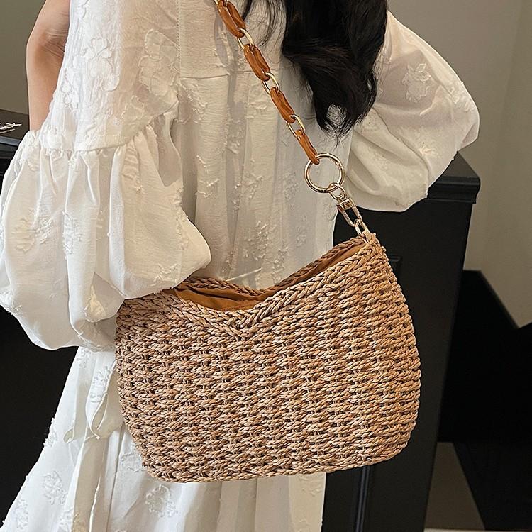 Straw Diagonal Span Bag Women's Summer Versatile Acrylic Chain Underarm Bag Seaside Vacation Retro Shoulder Bag