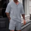 Men's V-neck Jacquard Casual Shirt & Shorts Set - Solid Color, Short-sleeve, Versatile