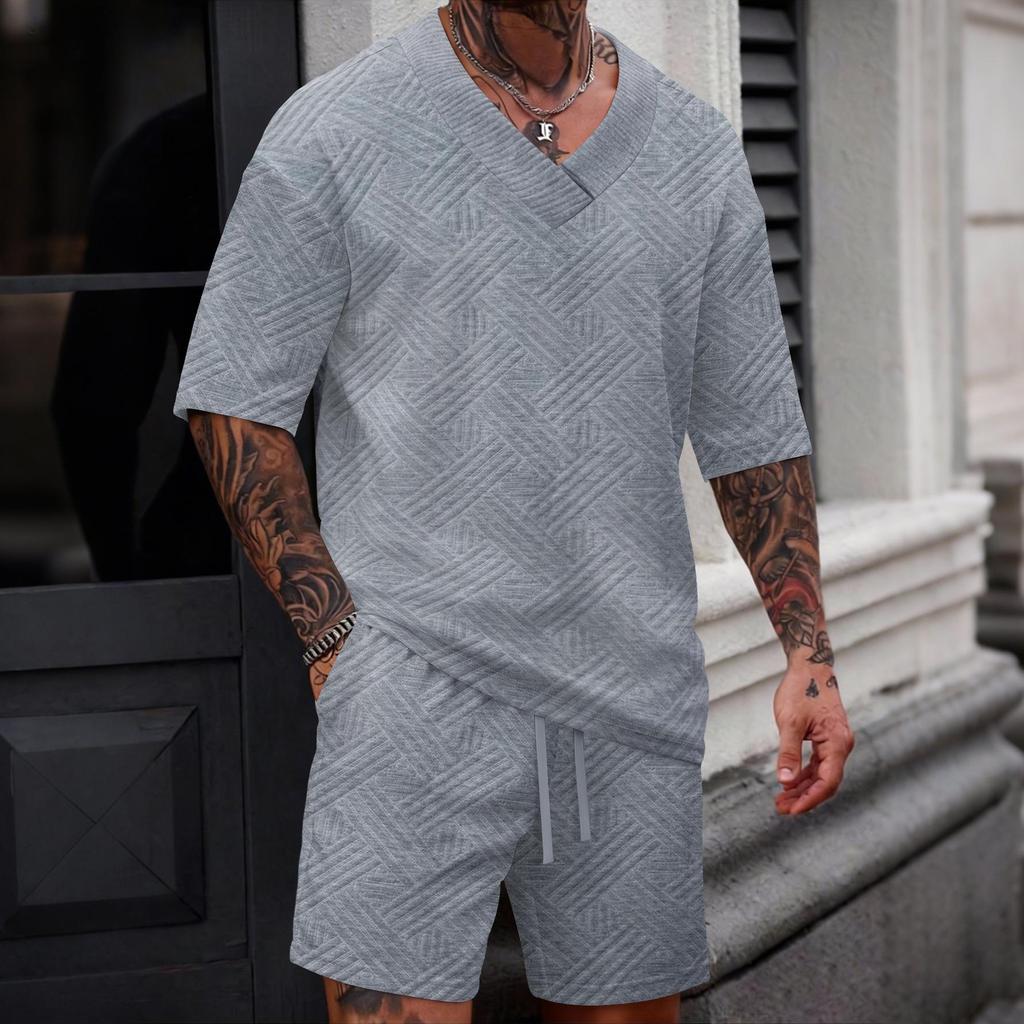 Men's V-neck Jacquard Casual Shirt & Shorts Set - Solid Color, Short-sleeve, Versatile