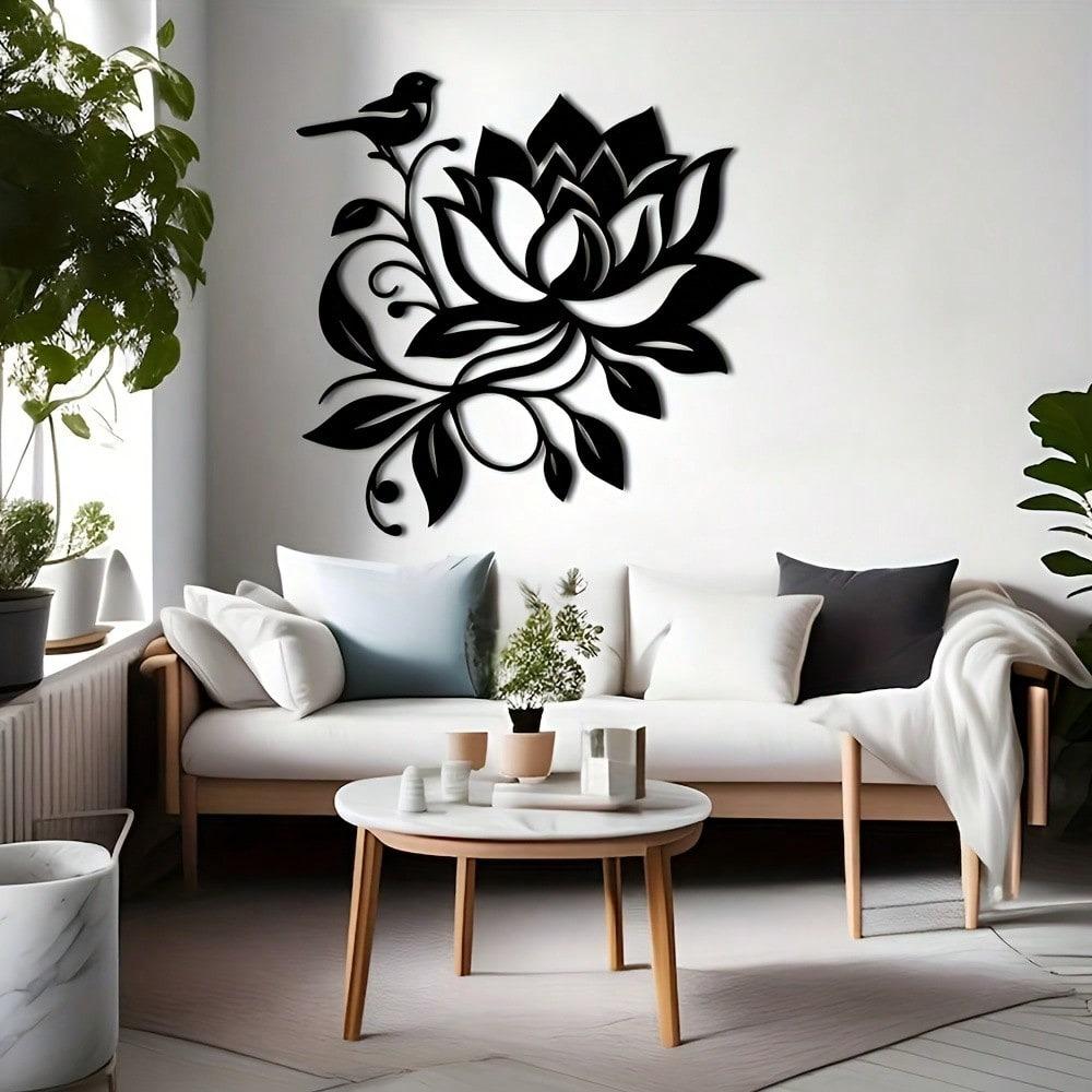 Metal Wall Art of Lotus and Bird Elegant Home Decor for Living Room Bedroom Nature Style Gift